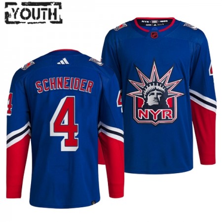 New York Rangers Dresy Braden Schneider 4 Adidas 2022-23 Modrý Reverse Retro 2.0 Authentic - Dětské